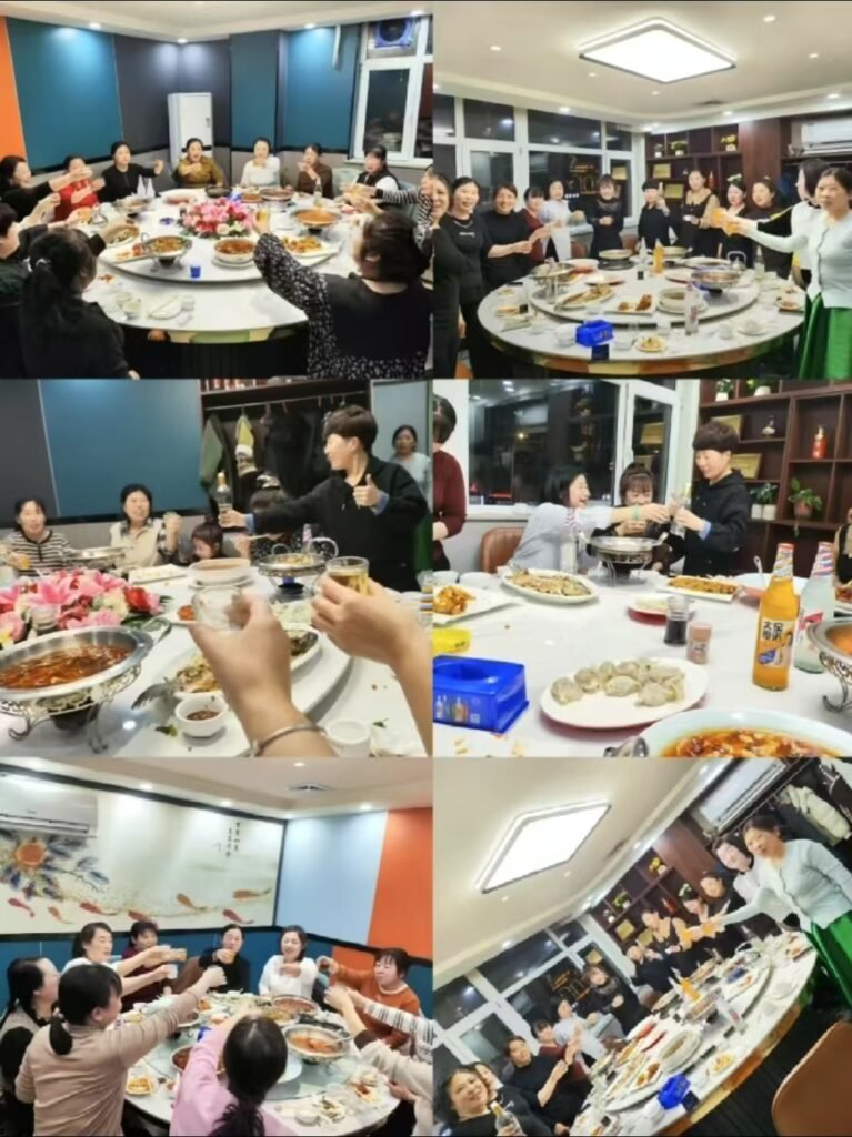 Celebration on the International Women's Day. There are 6 photos showing women employees in YISWIM are having fun at dinner party
